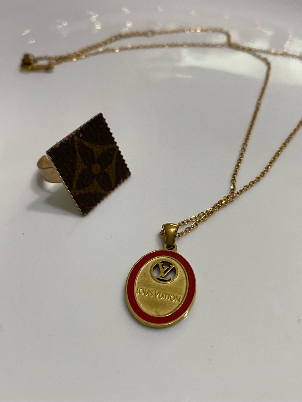 Louis Vuitton Gold Necklace with Red Enamel Circle Pendant